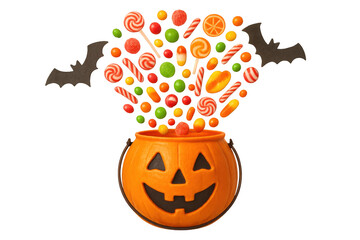 Halloween pumpkin bucket overflowing with colorful candies and sweets, bats flying, celebrating trick or treating
