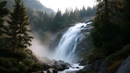Majestic waterfall cascades through a misty evergreen forest during the golden hour