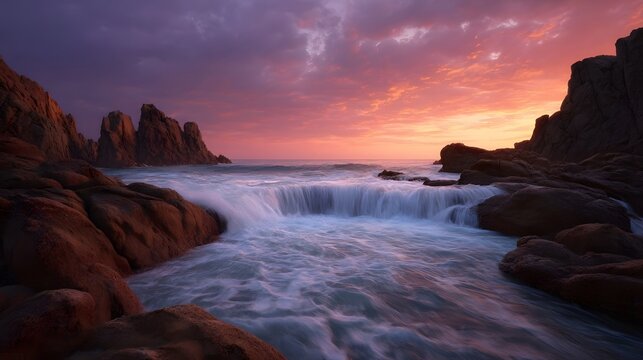 A dramatic sunset paints the sky in vibrant hues of pink and orange illuminating a powerful ocean cascade over rugged coastal rocks