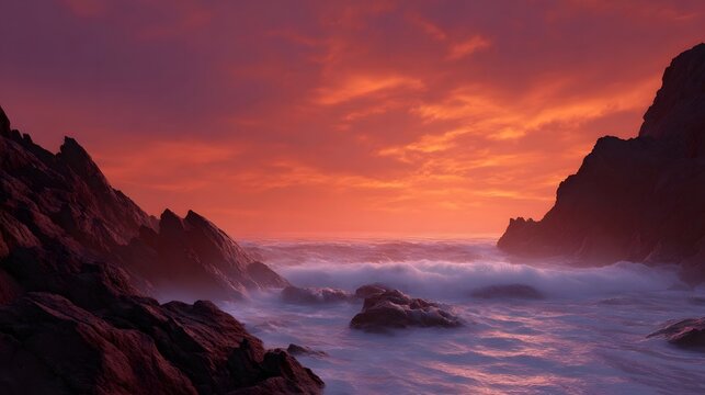 A dramatic sunset illuminates a rugged coastline with crashing waves against rocky cliffs