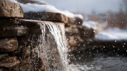Gentle waterfall cascading over weathered stones dusted with snow with fine spray scattering in the cold air