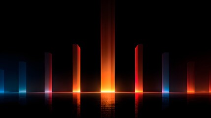 Abstract futuristic background with glowing vertical light beams and reflections on a dark surface.