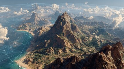 Vast simulated world generated by an advanced AI system with detailed landscapes and dynamic lighting Floating data grids and holographic overlays shape mountains, oceans