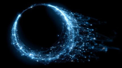 Abstract futuristic blue light ring dissolving into a plexus network on a black background.