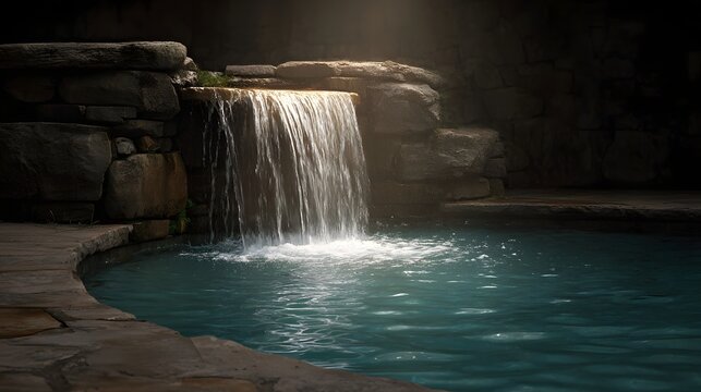 A serene waterfall cascades into a clear blue pool within a rocky grotto illuminated by soft sunbeams filtering through the mist