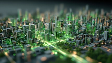 Wide-angle intelligent AI-generated city blueprint featuring numerous green colored buildings in varying shapes 