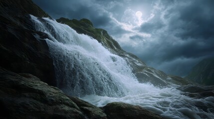 Dramatic waterfall cascading down rocky cliffs under a stormy moonlit sky
