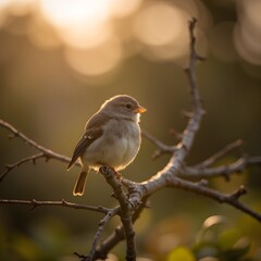 Small Songbird Perched on Branch in Warm Sunset Light
