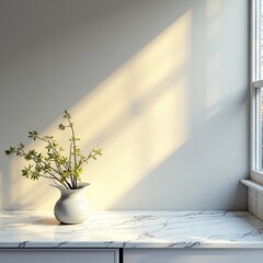 Minimal Green Branches in Ceramic Vase with Warm Sunlight Indoors