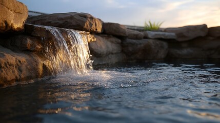 A gentle waterfall cascades over textured rocks into a calm pool illuminated by the warm glow of the setting sun