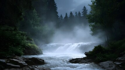 A misty waterfall cascades through a dark dense forest under a twilight sky