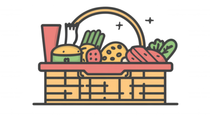 Transparent Image Pastel Picnic Basket Icon in Black Thin Line Style