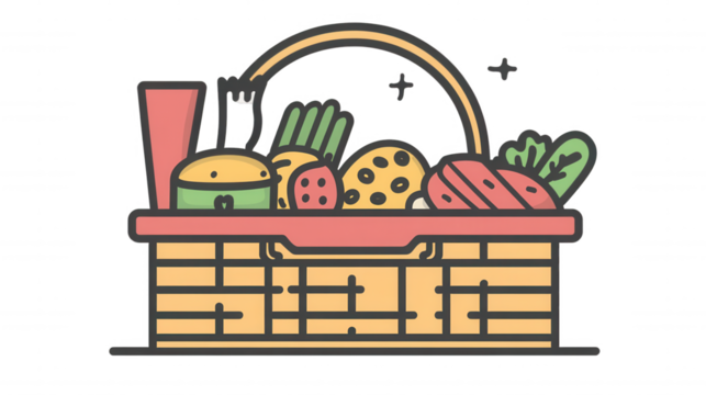 Transparent Image Pastel Picnic Basket Icon in Black Thin Line Style