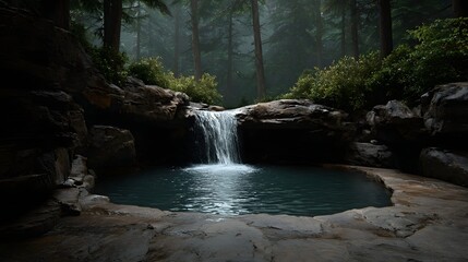 A serene waterfall cascades into a clear blue pool surrounded by lush green forest and rocky formations bathed in soft diffused light