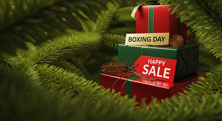 Celebrate the Boxing Day sale with festive gifts wrapped with ribbons and pine trees, perfect for holiday promotions and seasonal greetings