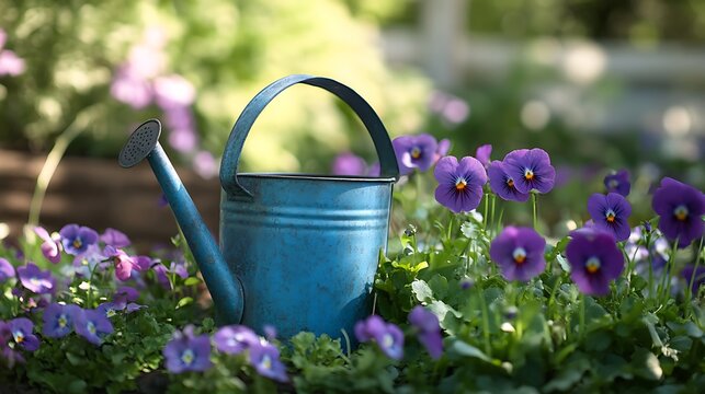 Blue watering can among vibrant purple flowers in a garden