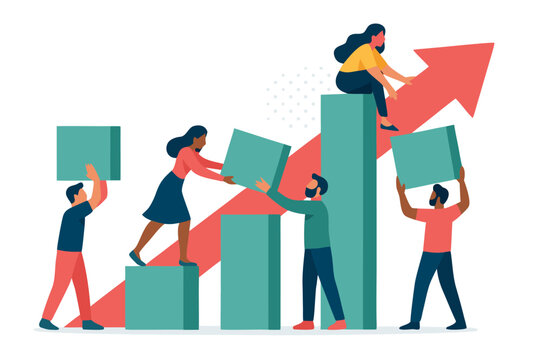 Teamwork drives business growth as diverse professionals build upward bar chart with arrow, symbolizing financial success and collaboration - Powered by Adobe