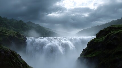 Obraz premium Powerful waterfall cascades down lush rugged cliffs under a dramatic stormy sky enveloped in mist and spray
