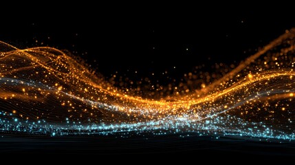 Abstract glowing orange and blue particle wave on a dark black background.