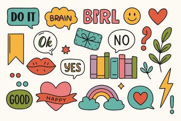 Fun quirky vector doodle set for expressing ideas, emotions and positivity in creative projects and designs with playful energy