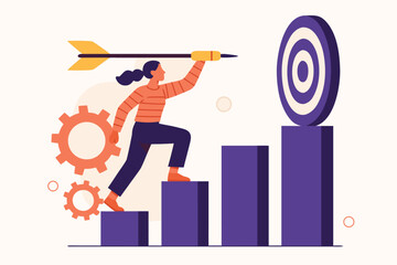 Driven businesswoman reaching the top to hit goals, demonstrating ambition and targeting success with strategic arrow aim