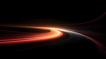 Abstract glowing orange light trail moving fast on a dark background.