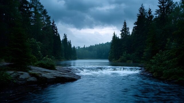 A moody serene forest landscape featuring a clear river cascade flowing through dense trees under dramatic overcast skies at dusk