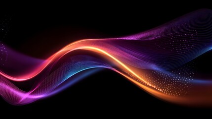 Abstract glowing wave of colorful light particles on a dark background.