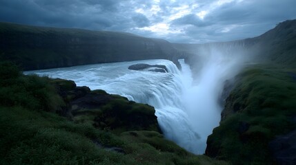 Fototapeta premium A powerful multi tiered waterfall plunges into a mist filled canyon under a dramatic stormy twilight sky