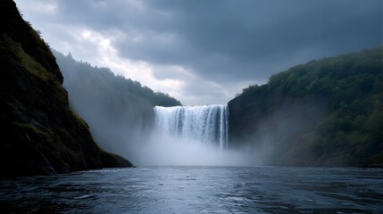 Fototapeta premium A powerful wide waterfall cascades down a cliff face creating mist and spray set against dramatic overcast skies and lush green hills