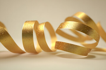 A close-up view of shimmering golden ribbon curled in soft loops against a warm neutral background. The metallic texture sparkles under the light, creating an elegant and festive atmosphere