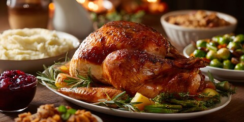Perfectly roasted Thanksgiving turkey displayed in a beautifully arranged festive meal surrounded by classic holiday side dishes