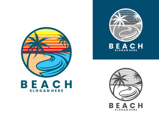 Beach vintage logo with Beach, sun and palm trees vector. Beach logo design vector template