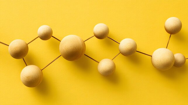Abstract molecular structure model with wooden spheres and connections on a vibrant yellow background representing science and chemistry. - Powered by Adobe