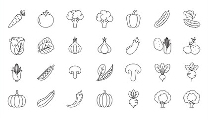 Vegetable & Fruit Line Icon Set – Minimal Outline Vector Illustration