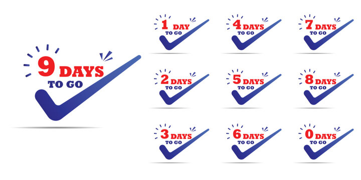 Countdown days to go banner. count time and days for sale banner, poster, lable, Nine, eight, seven six five four three two one zero days to go with red and dark blue color. Vector template 