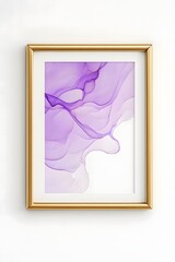 Elegant framed abstract art print isolated on white background showcasing delicate purple ink wash, creating a serene and modern aesthetic for home decor