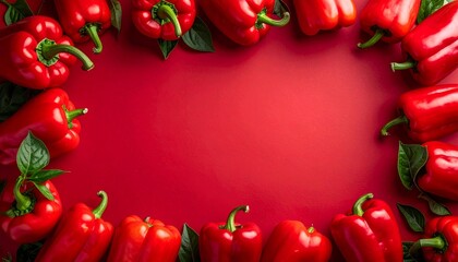 Colorful red peppers arranged on a vibrant red background, displaying freshness and flavor for culinary inspiration