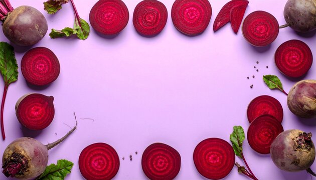 Colorful arrangement of fresh beetroots and sliced pieces on a light purple background for a healthy food theme