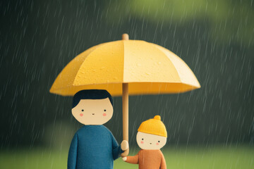 Father and child sheltering under a yellow umbrella in the rain. A heartwarming illustration depicts a father and child sharing an umbrella during a downpour, symbolizing protection and love.