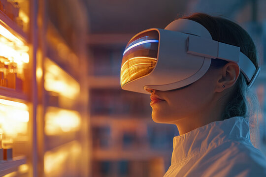 Person wearing a futuristic VR headset in a bright, modern environment. A person is wearing a virtual reality headset, exploring a digital world in a futuristic setting.
