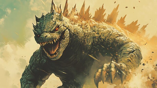 Fierce godzilla monster roaring with glowing dorsal fins