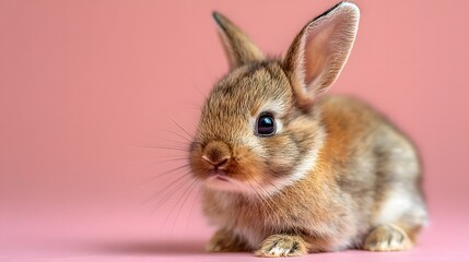 Obraz premium Adorable fluffy baby bunny rabbit sitting on a plain pink background.