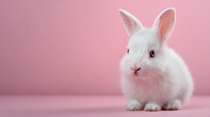 Obraz premium Adorable fluffy white baby rabbit sitting on a plain pink background with copy space.