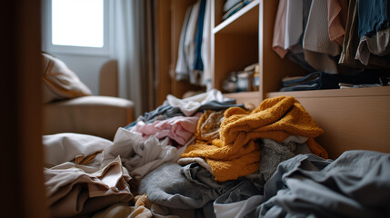 Messy clothes pile in walk-in closet, fast fashion waste concept, need for room service cleaning, neutral minimalist frame, with copy space