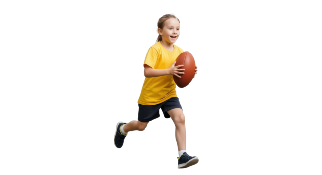 Excited young girl running with a football ready to play a fun game on a sunny day full of energy and smiles