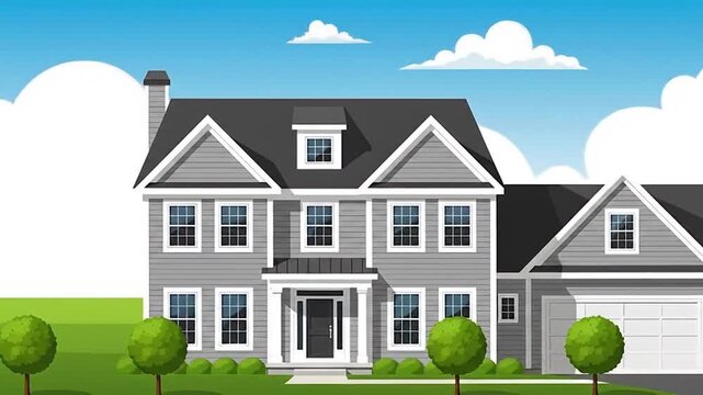 A charming modern gray suburban family house with a spacious garage, green lawn, and blue sky, representing comfortable residential living and potential real estate investment