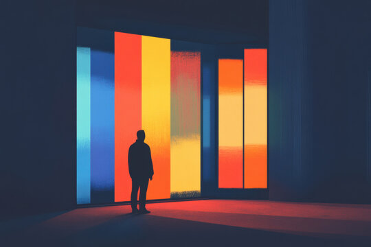 Silhouette of a man walking towards a financial data chart. A man walks towards a glowing chart, possibly representing business growth or market analysis.
