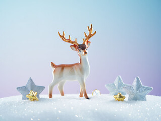 A charming ceramic deer figurine with golden antlers stands on snow with stars