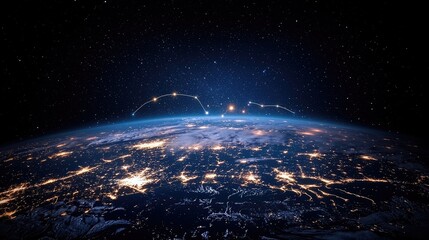 A view of Earth from space at night, with city lights illuminating the continents. A constellation of glowing dots is superimposed over the atmosphere, connecti